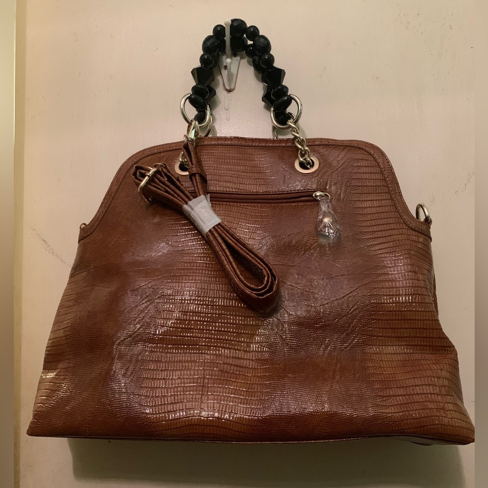 Brown Crocodile Handbag with Black Moissanite Beads Faceted-cut Handle Bag NWOT